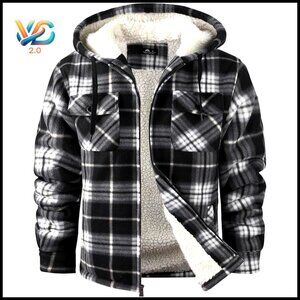 Men's Sherpa Lined Flannel Hoodie Jacket Full Zip Winter Outwear